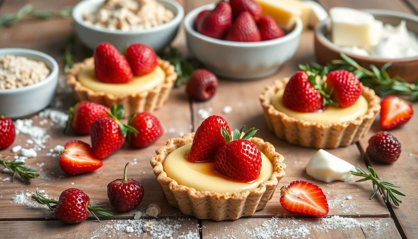 Recette de tartelettes aux fraises, pâte croustillante à l'avoine et crème pâtissière au romarin