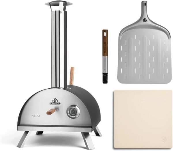 BURNHARD Four à pizza d'extérieur NERO en acier inoxydable, 500 °C, four à bois premium avec pelle et pierre à pizza en cordiérite, combustibles compatibles : bois, granulés, charbon, briquettes