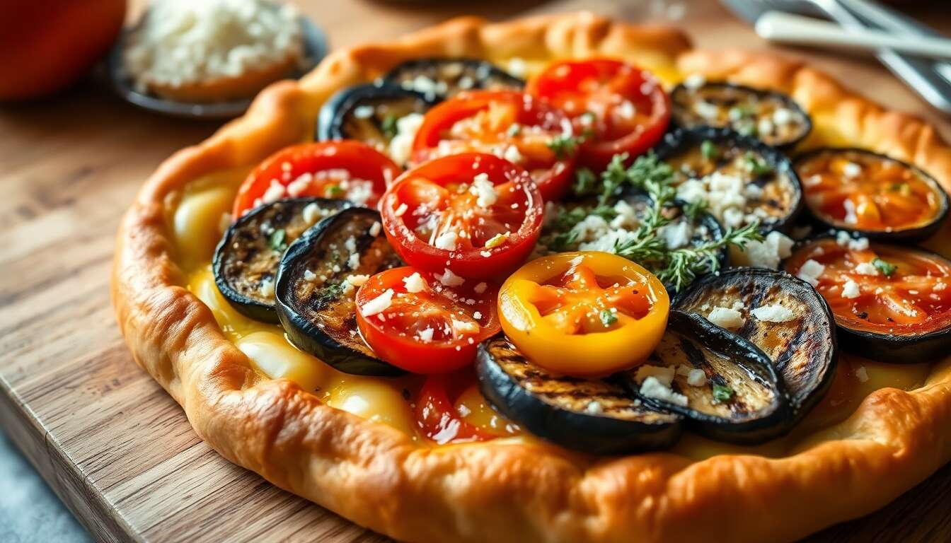 Tarte aux aubergines, tomate et moutarde : recette savoureuse
