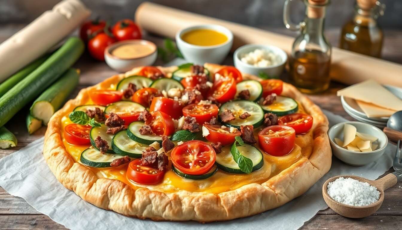Tarte aux courgettes, tomates, lardons et moutarde : recette savoureuse