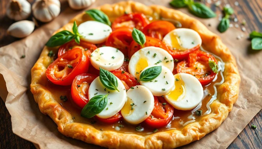 Tarte fine tomate mozzarella et gambas au pistou
