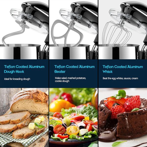 Camic Robot Pâtissier Multifonctions, Pétrin 8L 1500W Puissant, Robot de Cuisine avec Crochet Pétrisseur, Batteur, Fouet à Fil, Couvercle, Compatible Lave-vaisselle (8 L, noir)