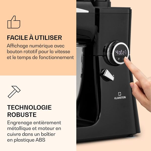 Klarstein Robot Mixeur Multifonctions, Robot Cuisine 2000W, Hachoir à Viande, Blender 3 en 1, Robot Patissier, Robot Cuisine Multifonction 10L, Rape Legumes Electrique, Batteurs, Petrin Professionnel