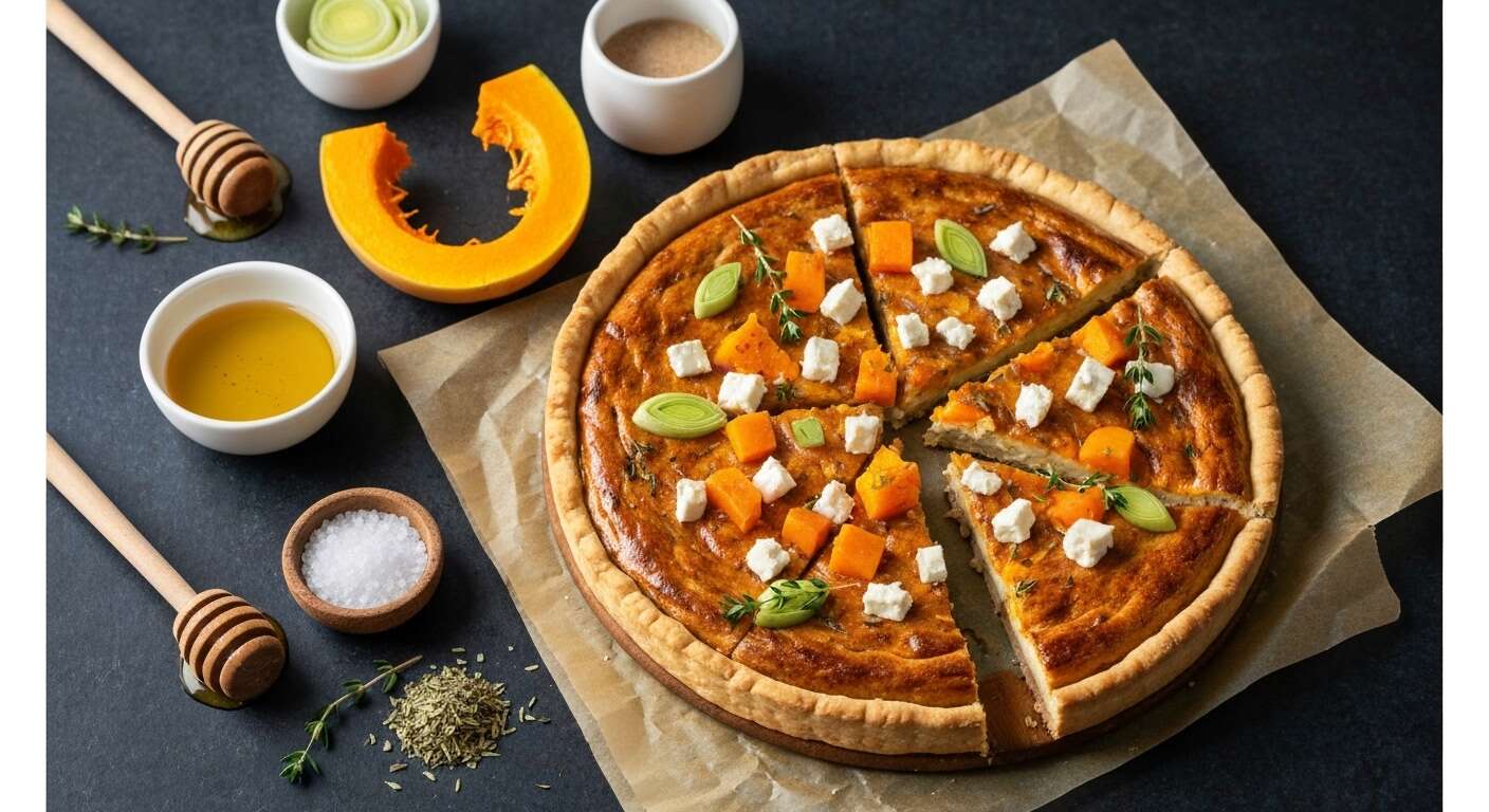 Recette de tarte rustique courge, feta et poireau