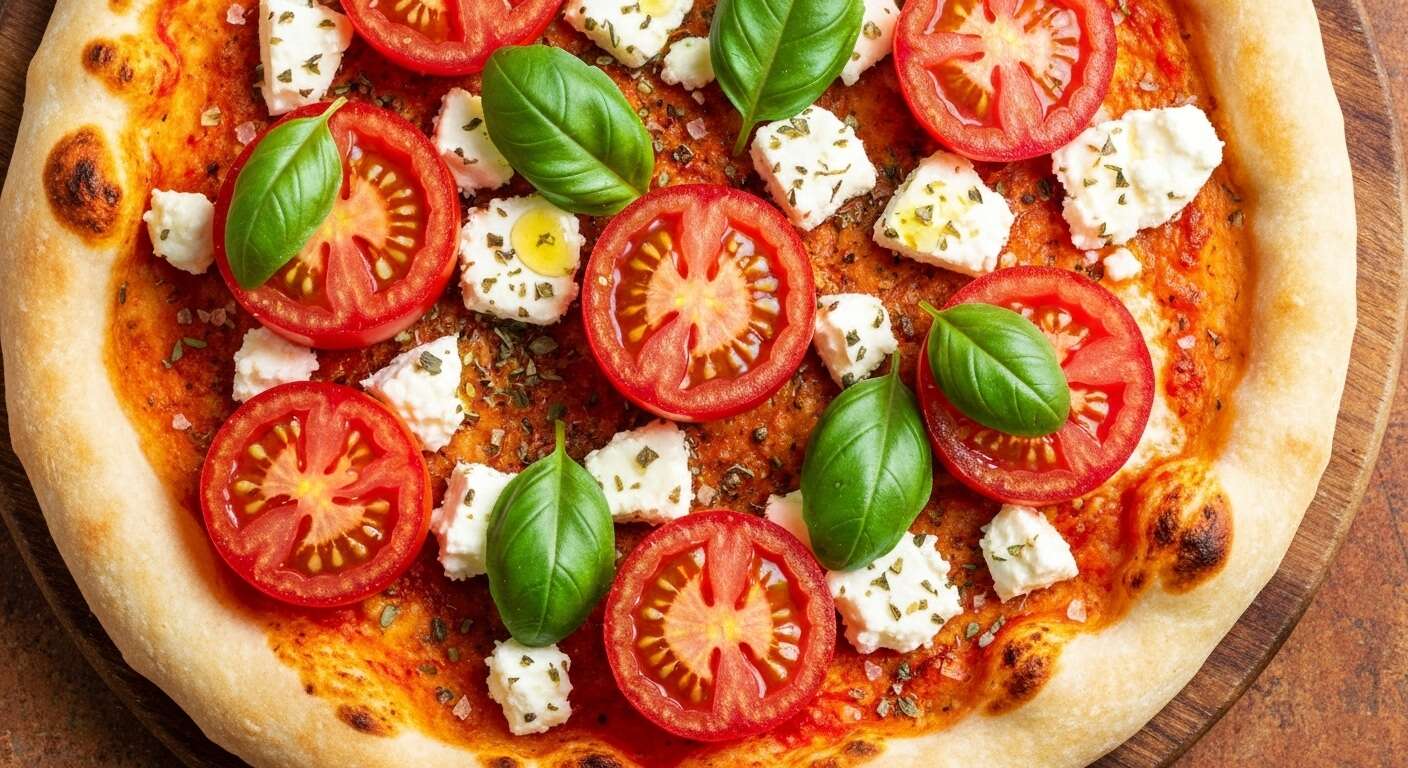 Pizza fine tomates, feta et basilic : recette savoureuse