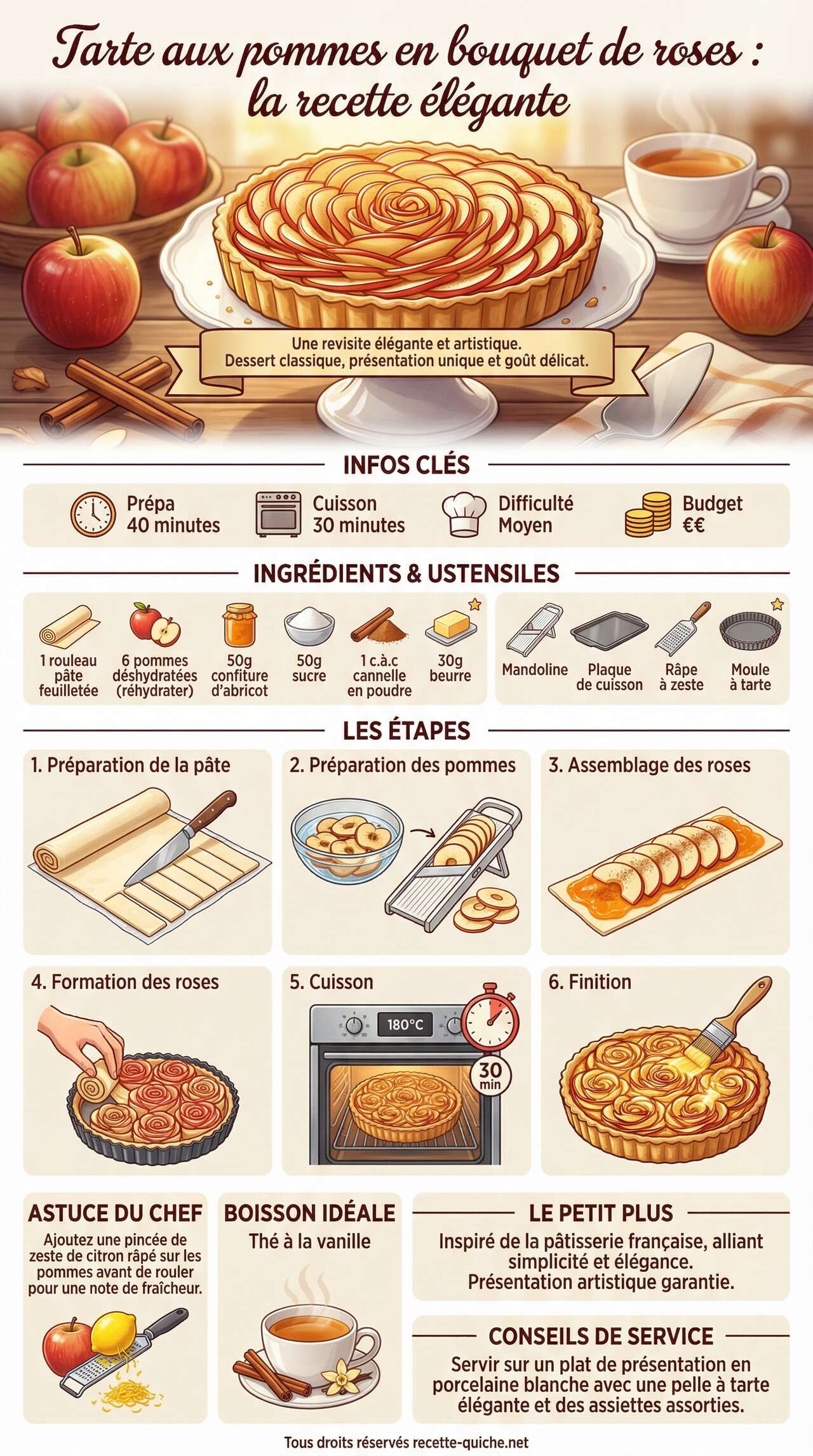 Infographie de la recette Tarte aux pommes en bouquet de roses : la recette &eacute;l&eacute;gante