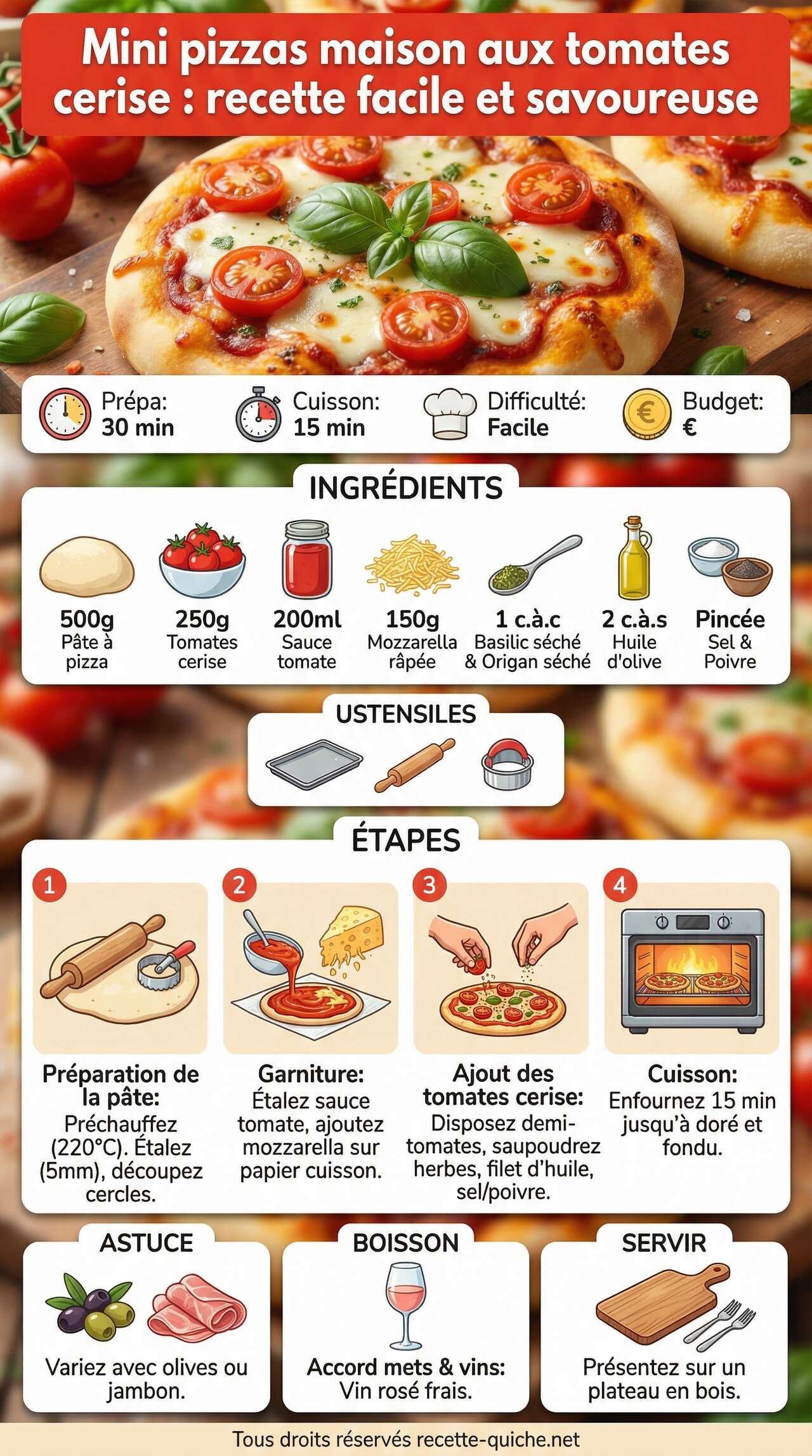 Infographie de la recette Mini pizzas maison aux tomates cerise : recette facile et savoureuse
