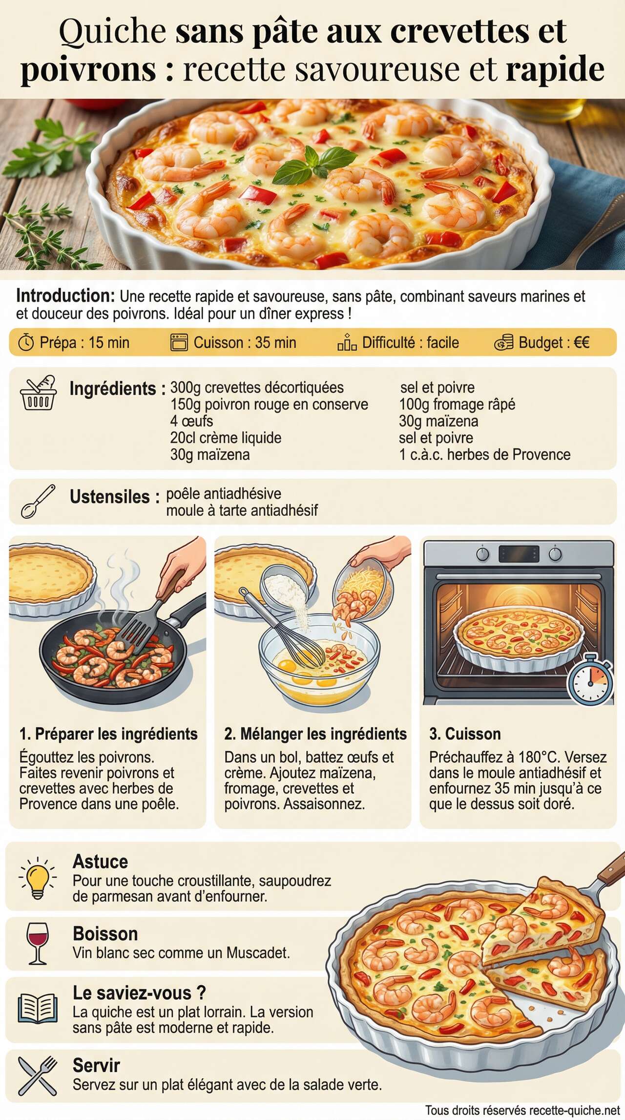 Infographie de la recette Quiche sans p&acirc;te aux crevettes et poivrons : recette savoureuse et rapide