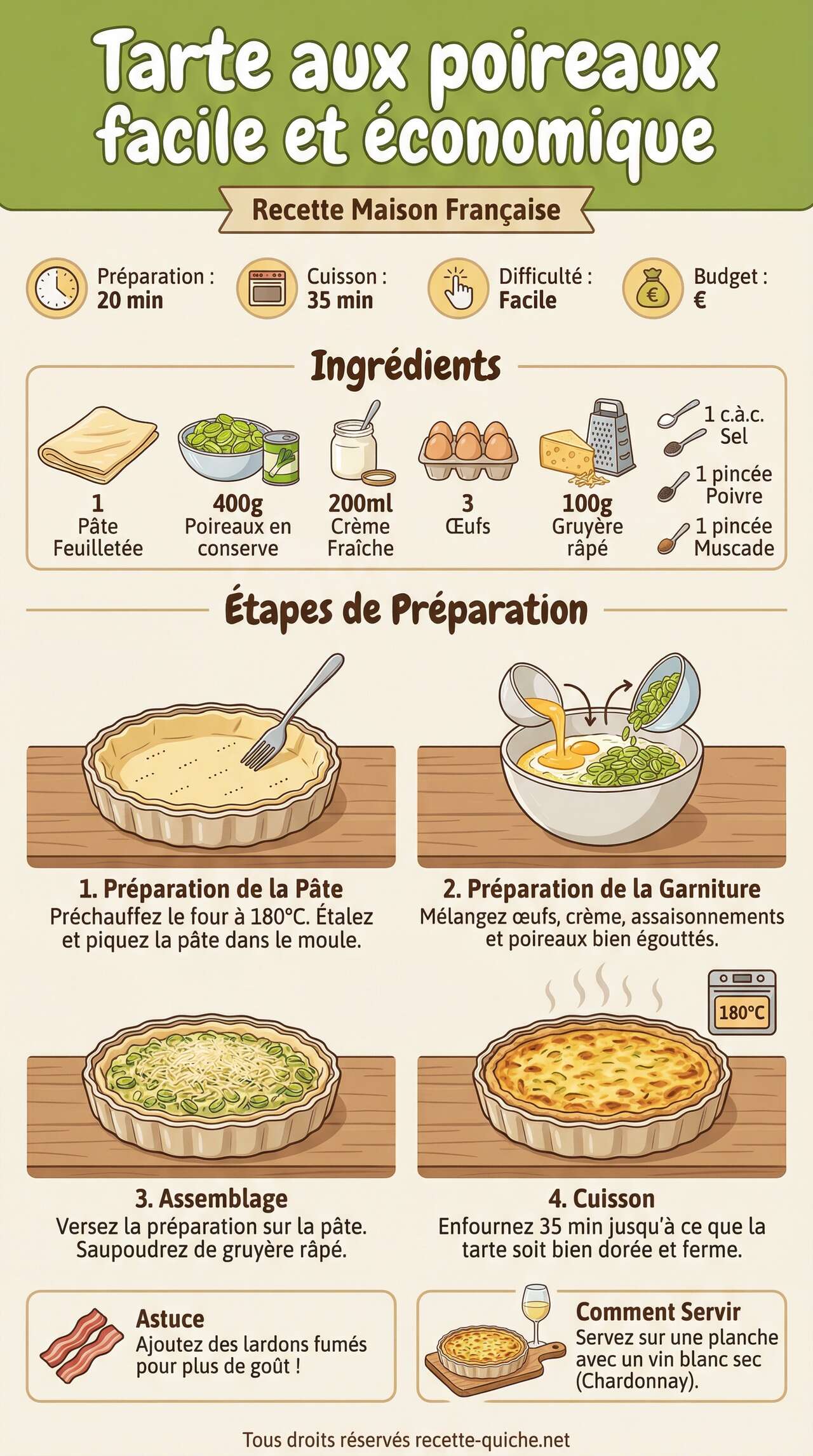 Infographie de la recette Tarte aux poireaux facile et &eacute;conomique