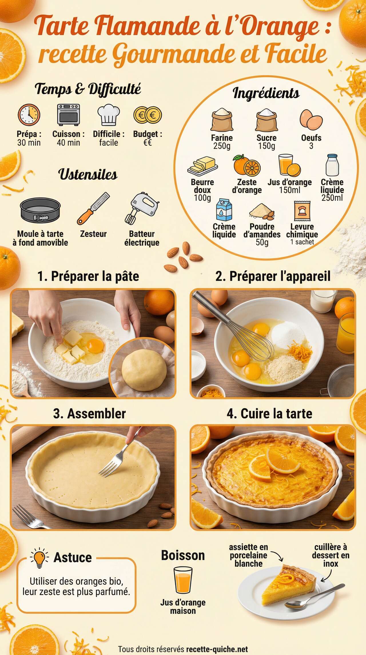 Fiche recette Tarte Flamande &agrave; l'Orange : recette Gourmande et Facile