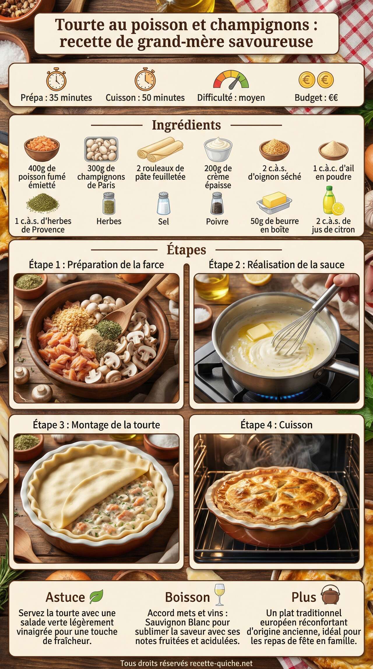 Fiche recette Tourte au poisson et champignons : recette de grand-m&egrave;re savoureuse