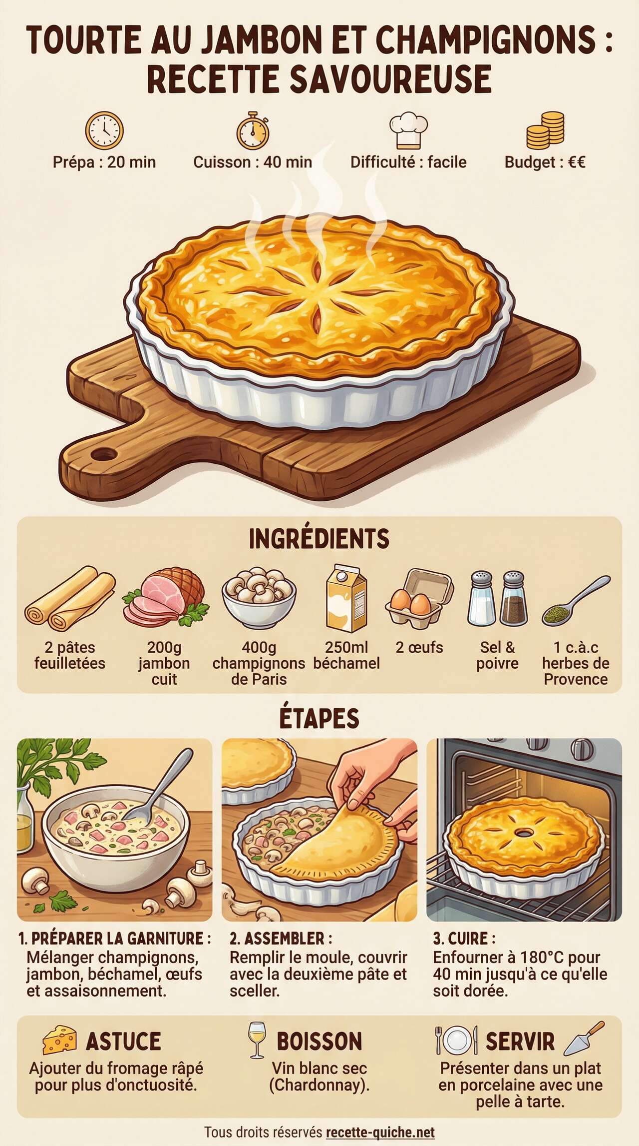 Fiche recette Tourte au jambon et champignons : recette savoureuse Fiche recette Tourte au jambon et champignons : recette savoureuse