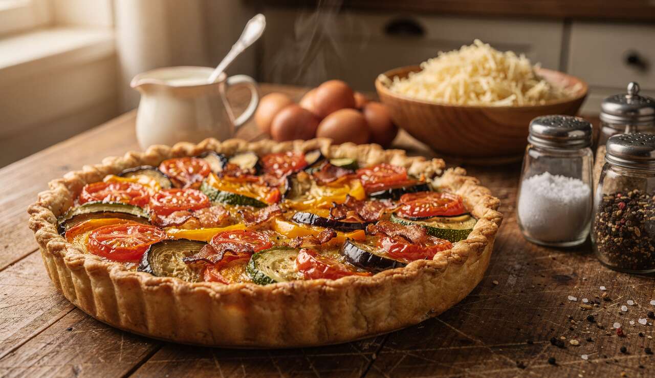 Quiche &agrave; la ratatouille et lardons : recette facile et savoureuse