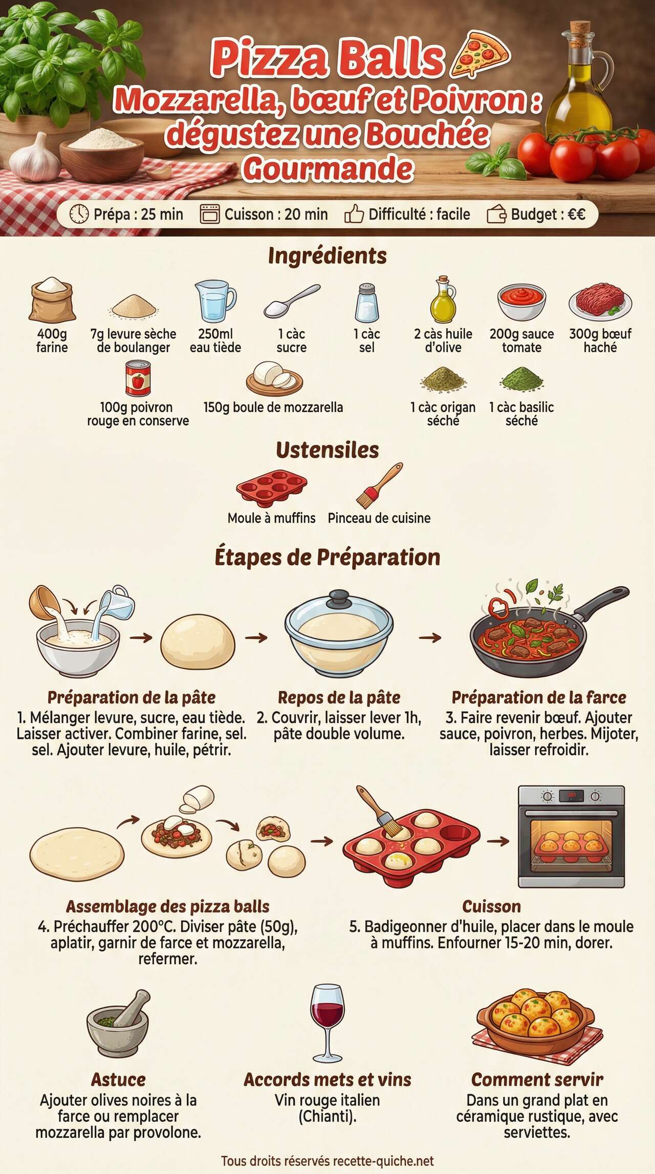 Fiche recette Recette Pizza Balls Mozzarella, b&oelig;uf et Poivron : d&eacute;gustez une Bouch&eacute;e Gourmande