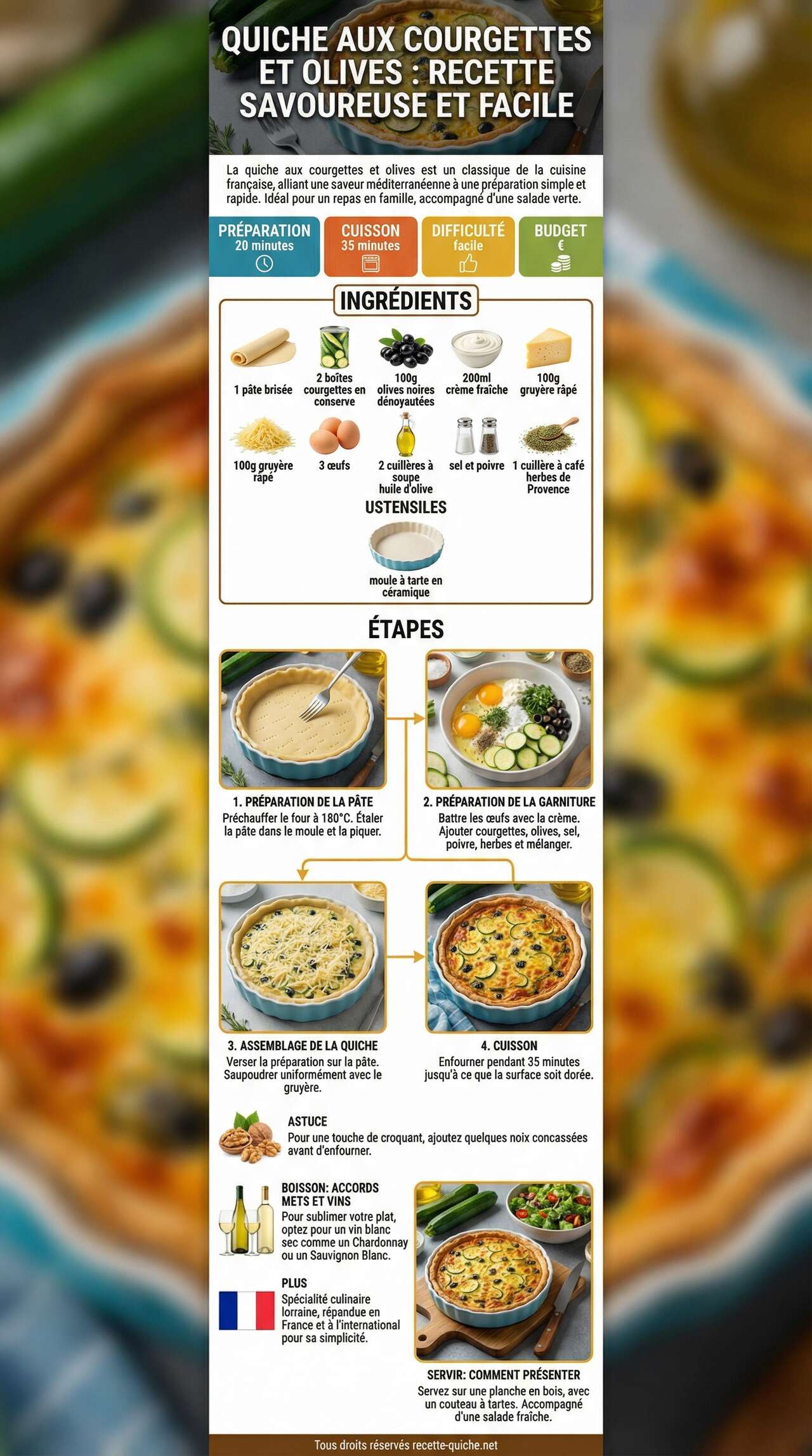 Fiche recette Quiche aux courgettes et olives : recette savoureuse et facile