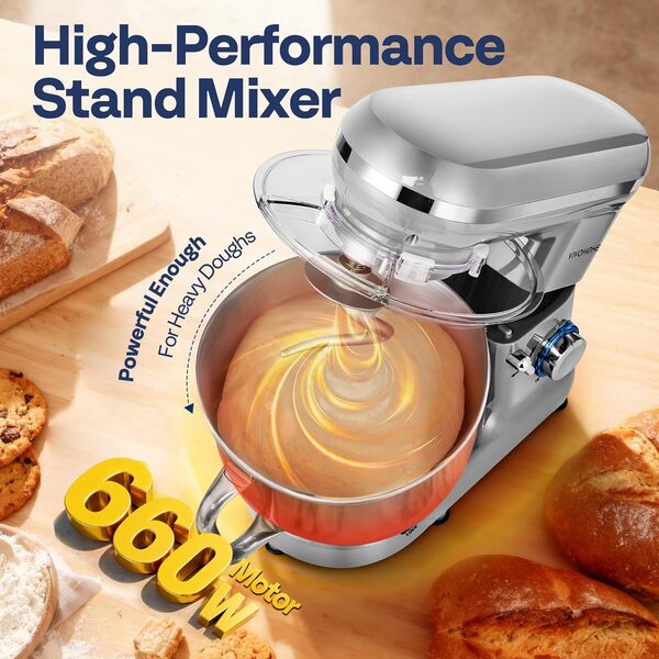 VIVOHOME Robot Cuisine Professionnel avec 5,7L Bol Robot Pâtissier 1500W 10 Vitesses Mélangeur en Acier Inoxydable Fouet Crochet Pétrisseur Batteur Argent