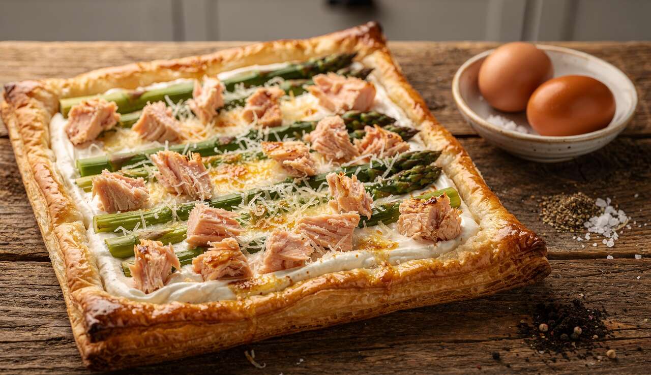 Tarte feuillet&eacute;e au saumon et asperges : recette facile et gourmande
