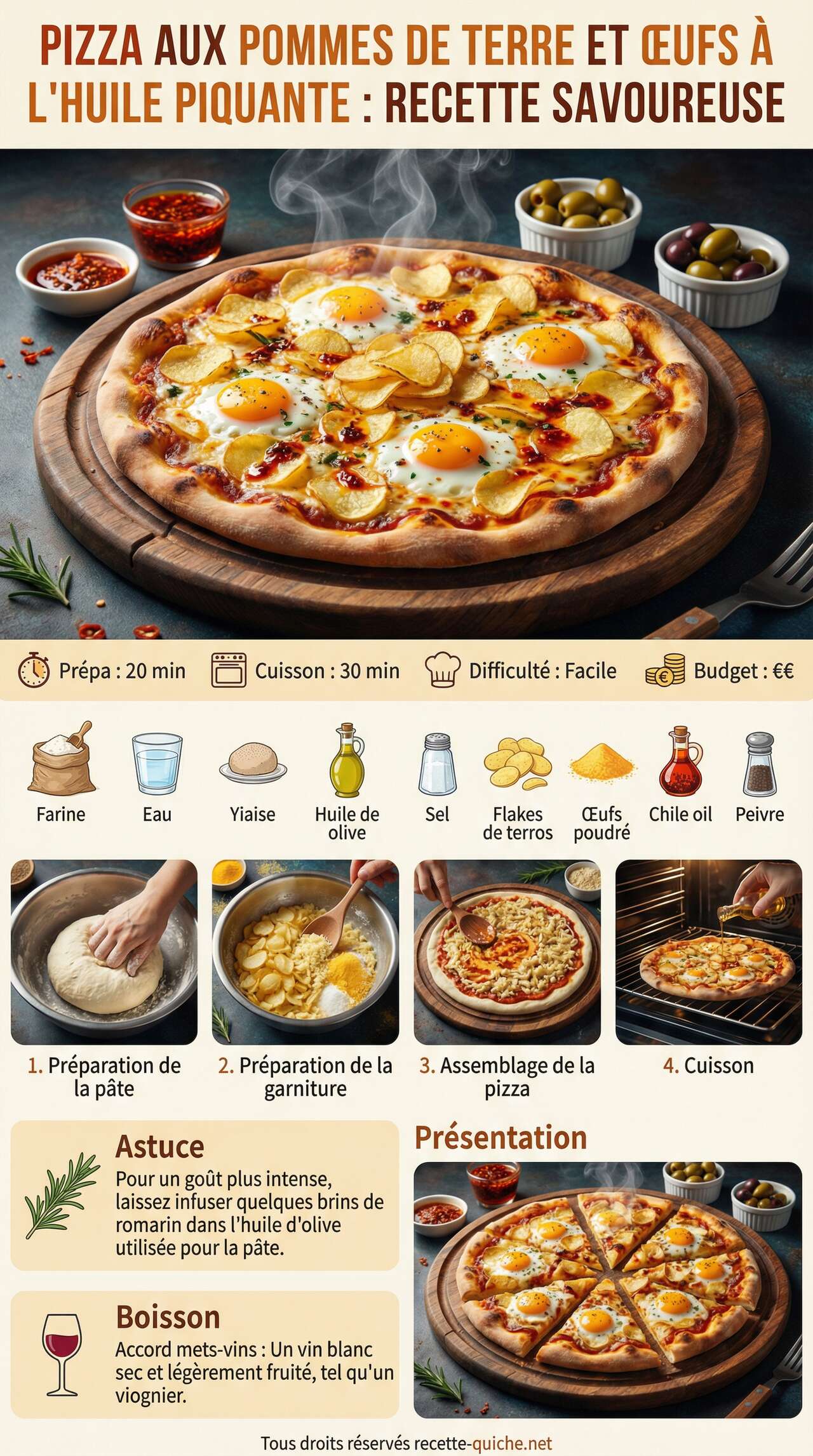 Fiche recette Pizza aux pommes de terre et œufs à l'huile piquante : recette savoureuse Fiche recette Pizza aux pommes de terre et œufs à l'huile piquante : recette savoureuse