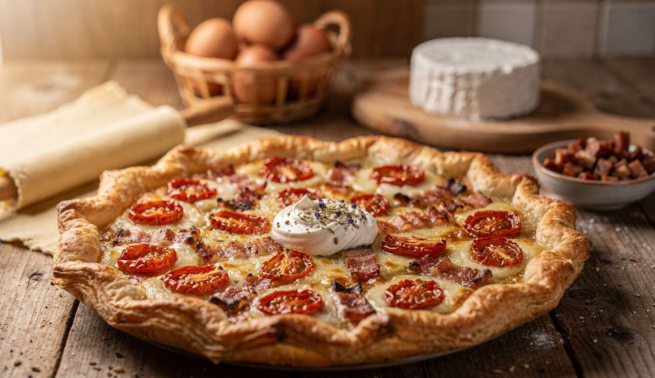 Tarte au ch&egrave;vre, tomates et lardons : recette savoureuse