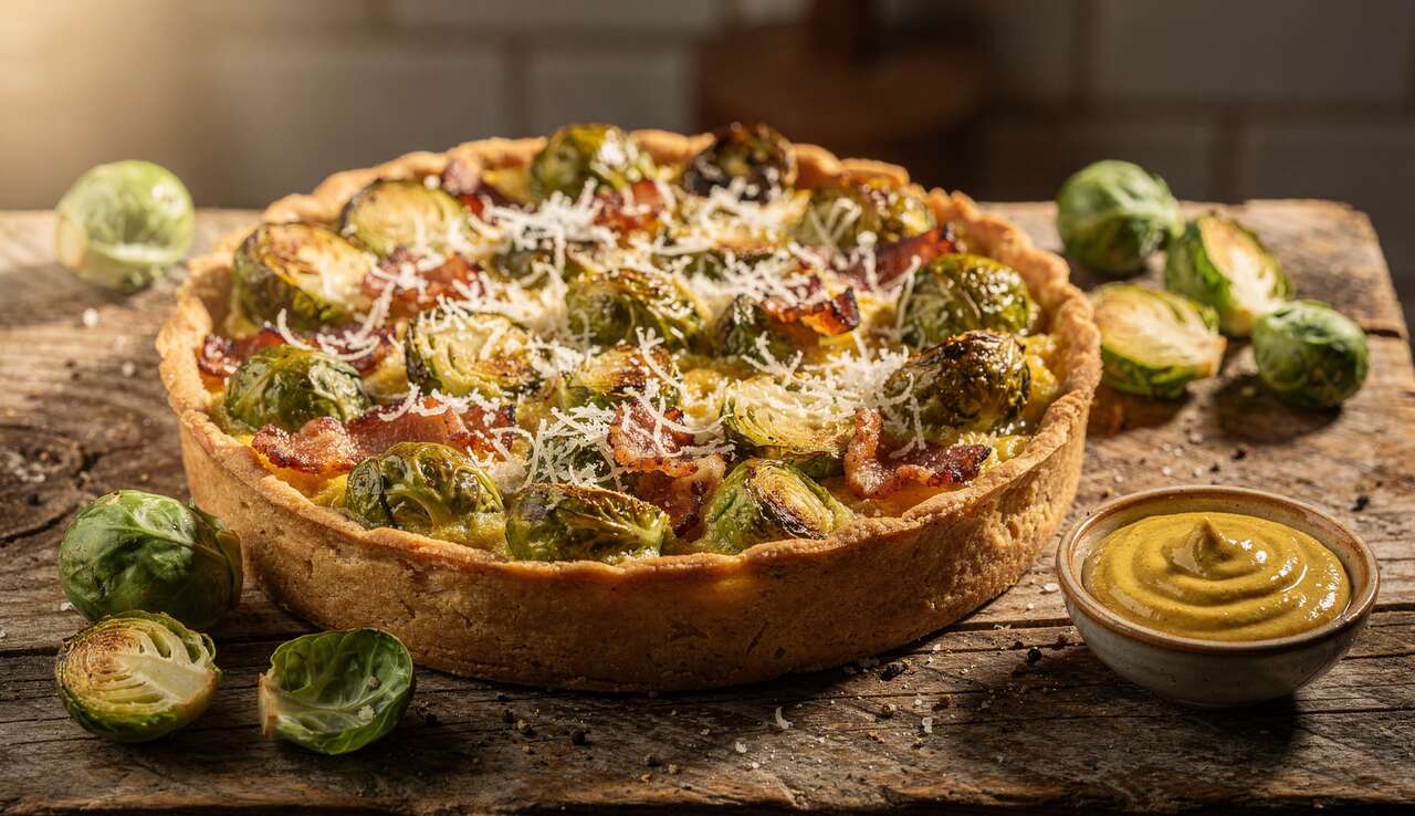 Tarte moutard&eacute;e aux choux de Bruxelles, lardons et parmesan