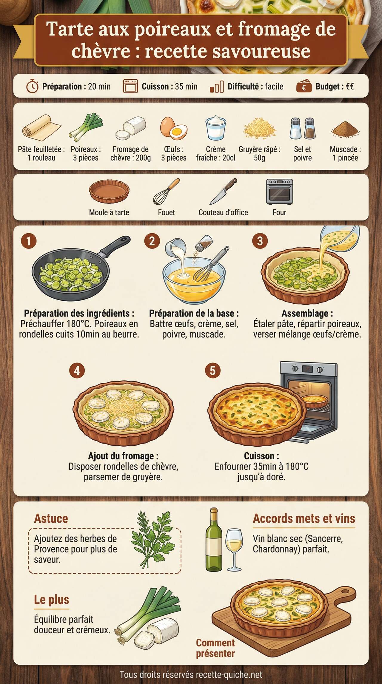 Fiche recette Tarte aux poireaux et fromage de ch&egrave;vre : recette savoureuse