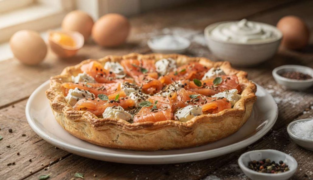 Tarte au chèvre, saumon fumé et coriandre : recette savoureuse