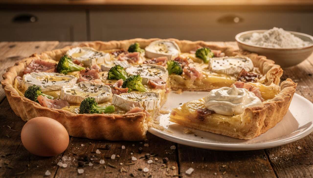 Tarte au chèvre, jambon, brocolis et thym : recette savoureuse et facile