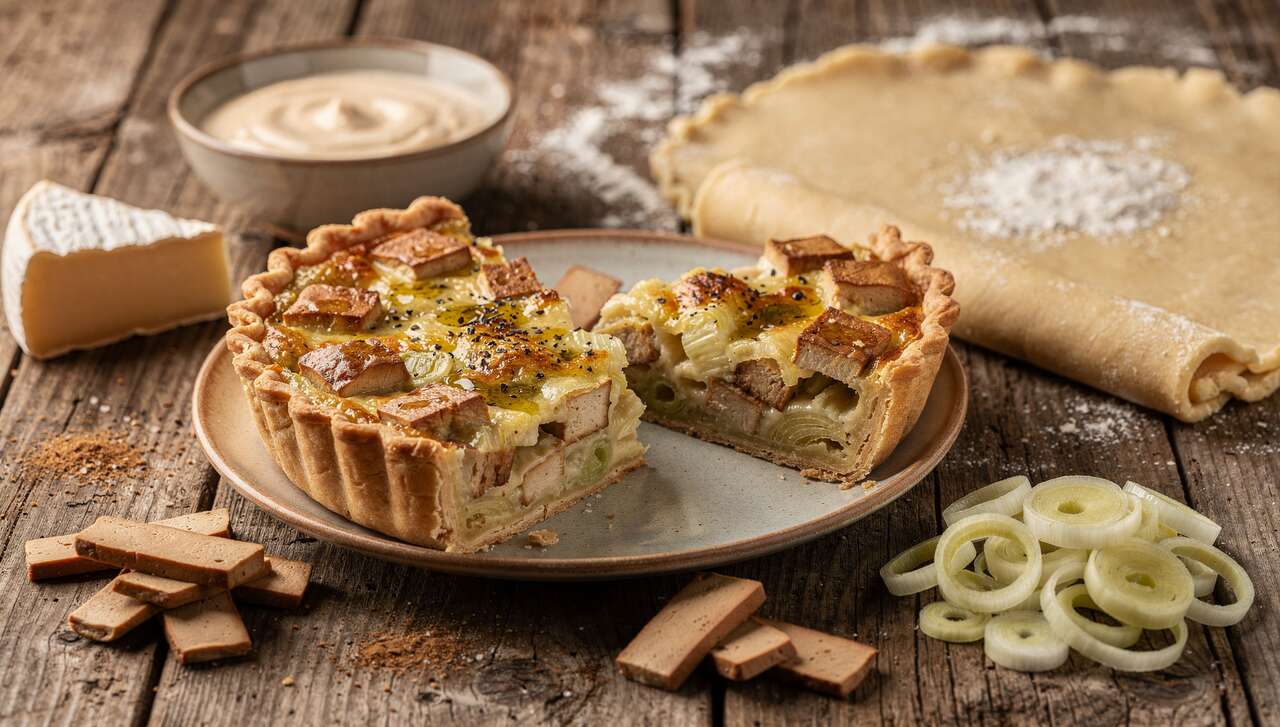 Tarte aux poireaux, maroilles et tofu fumé : recette savoureuse