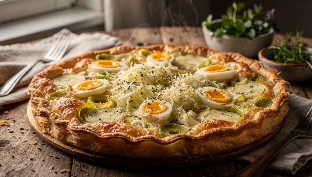 Tarte aux jeunes poireaux et herbes potagères : recette savoureuse