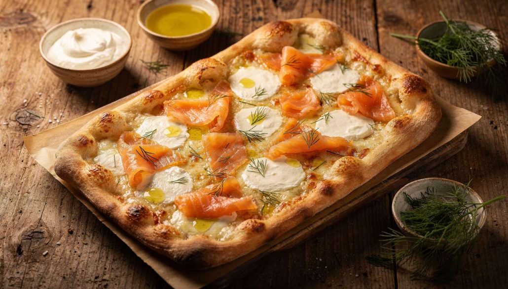 Pizza rectangulaire mozzarella et saumon : recette gourmande