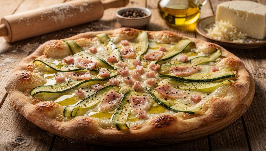 Pizza printanière : jambon, fromage et courgette