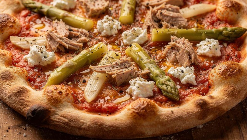Pizza au thon, chèvre et asperges : recette facile et savoureuse