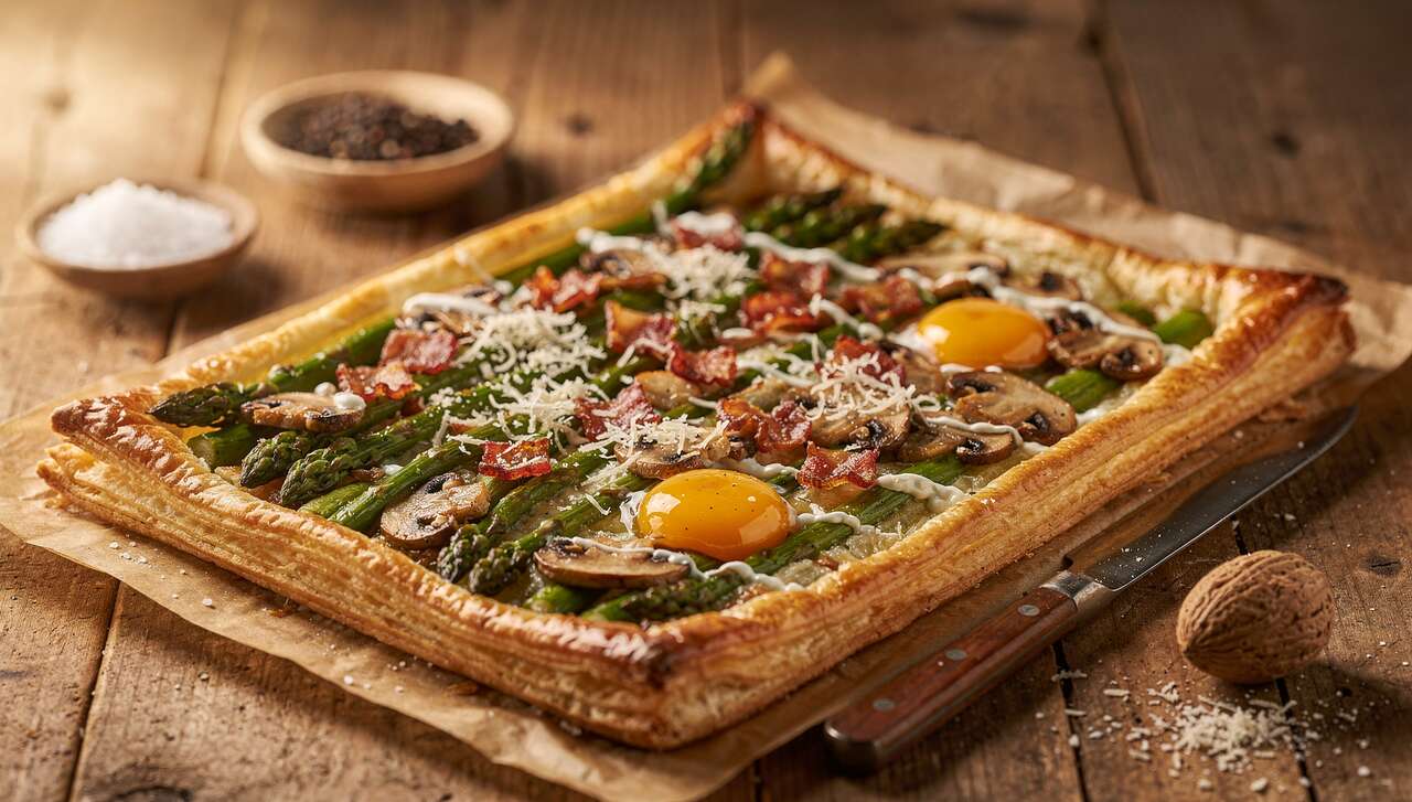 Tarte aux asperges sauvages, champignons et lardons : une recette gourmande