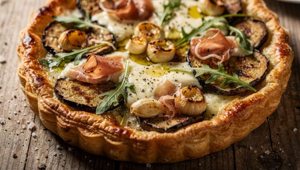Tarte au jambon, aubergine, ail, mozzarella et roquette