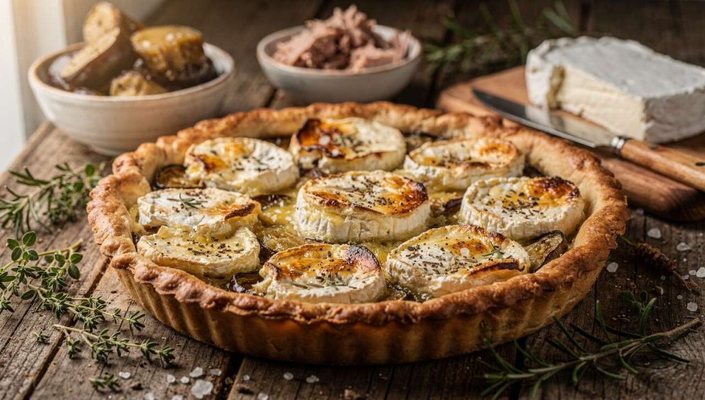 Tarte aubergine chèvre thon et fond au fromage à tartiner
