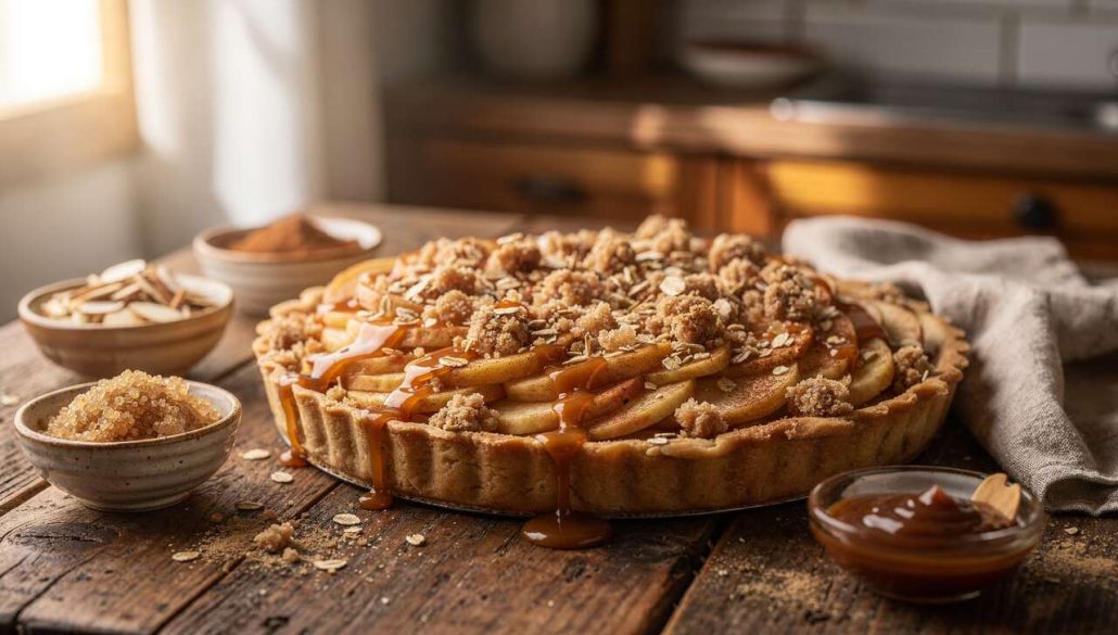 Tarte aux pommes caramel façon crumble : recette irrésistible