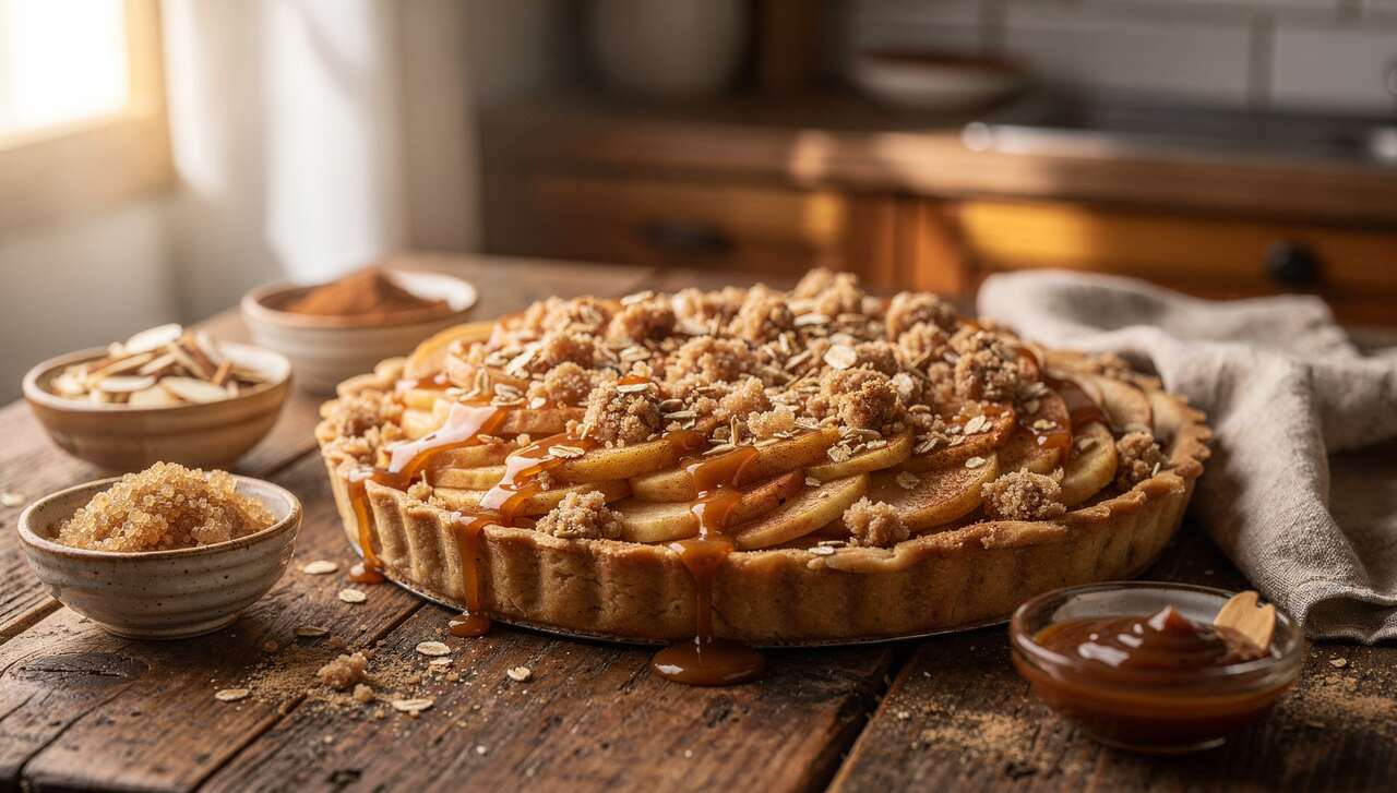 Tarte aux pommes caramel façon crumble : recette irrésistible