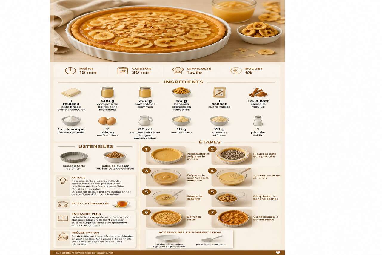Fiche recette Tarte compote de poires et bananes : recette facile et savoureuse