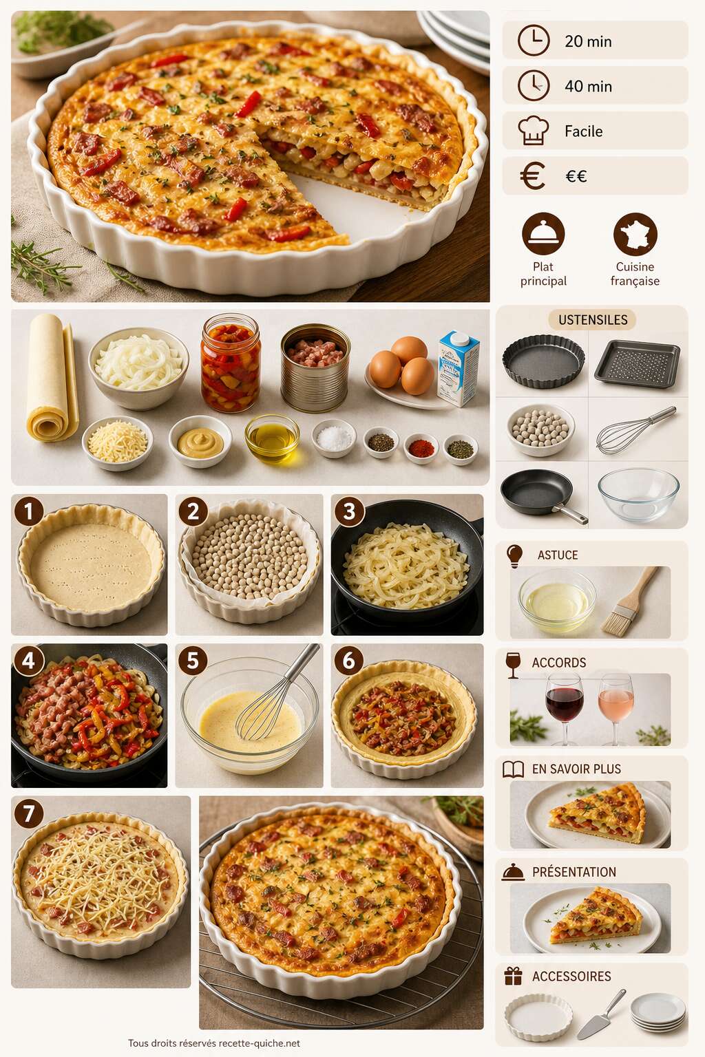 Fiche recette Tarte sal&eacute;e aux oignons, poivrons et lardons : recette savoureuse