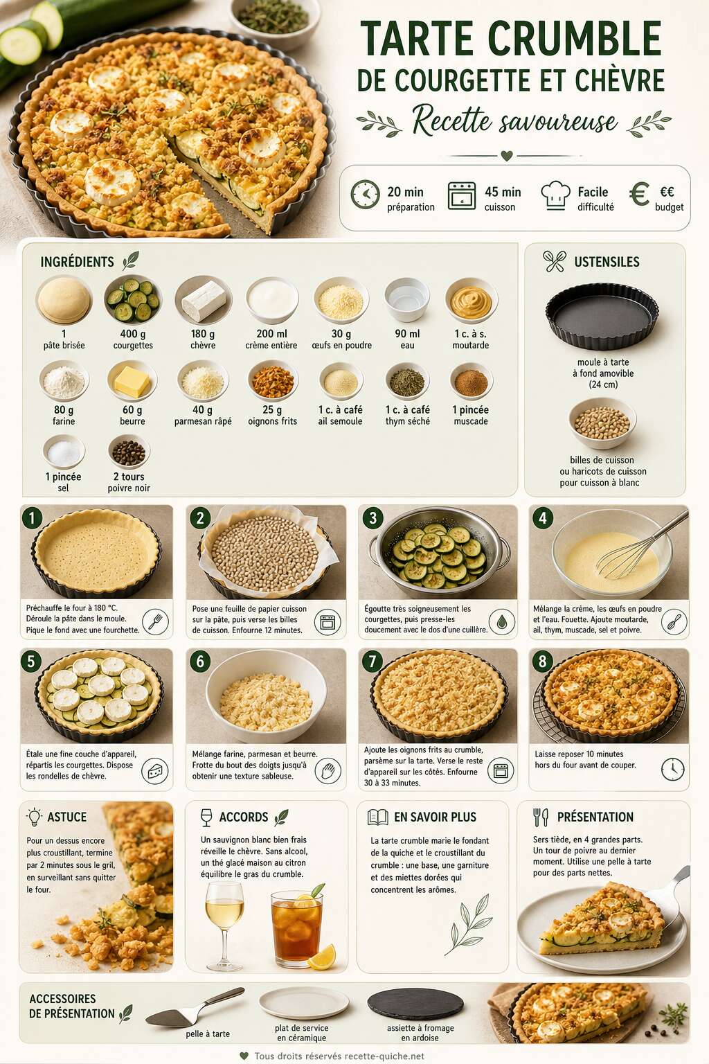 Fiche recette Tarte crumble de courgette et chèvre : recette savoureuse Fiche recette Tarte crumble de courgette et chèvre : recette savoureuse