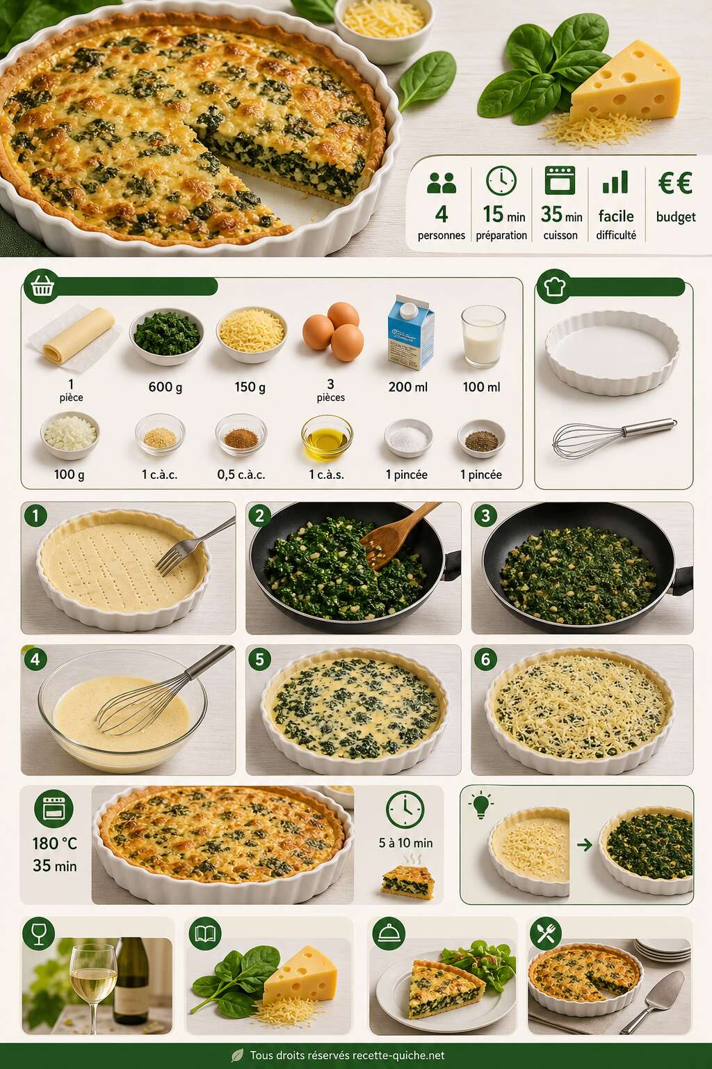 Fiche recette Tarte aux épinards et gruyère râpé : recette facile Fiche recette Tarte aux épinards et gruyère râpé : recette facile
