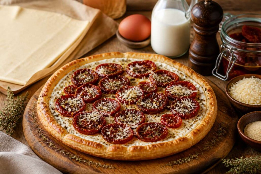 Tarte aux tomates séchées, mascarpone et parmesan