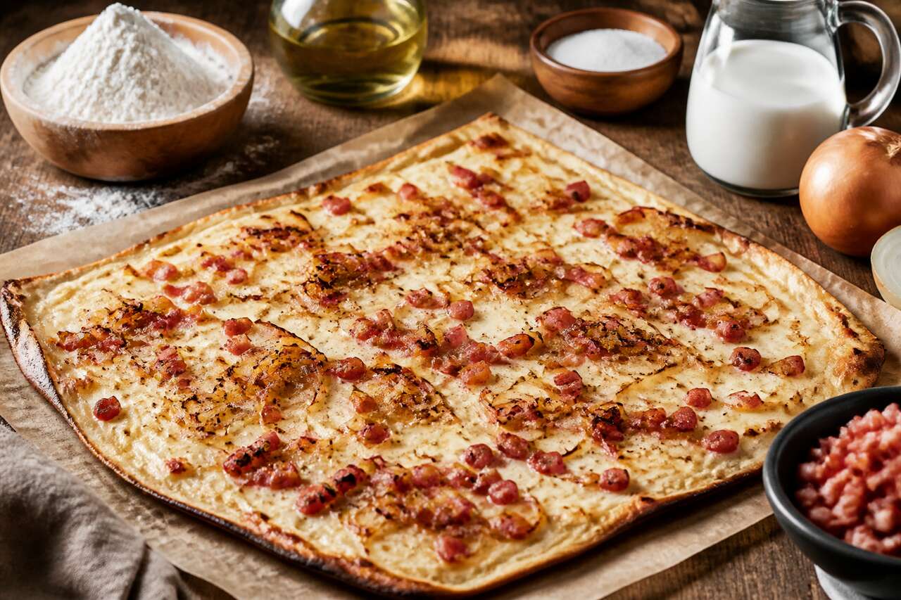 Recette tarte flambée alsacienne : flammekueche facile