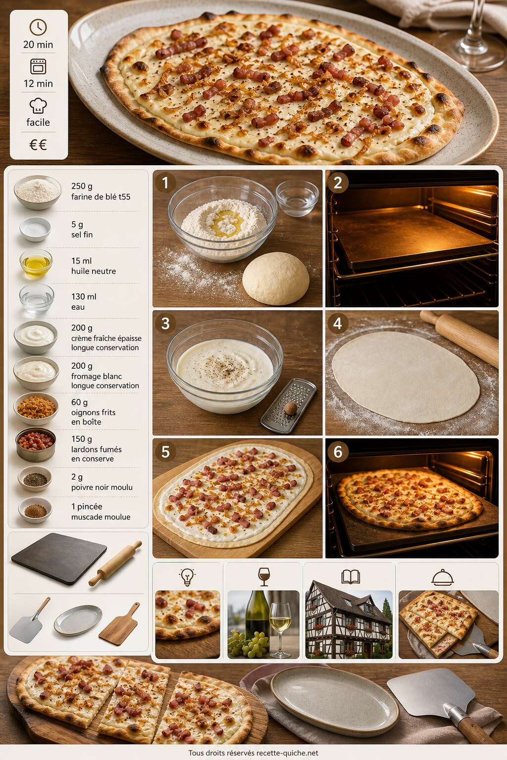 Fiche recette Recette tarte flambée alsacienne : flammekueche facile Fiche recette Recette tarte flambée alsacienne : flammekueche facile