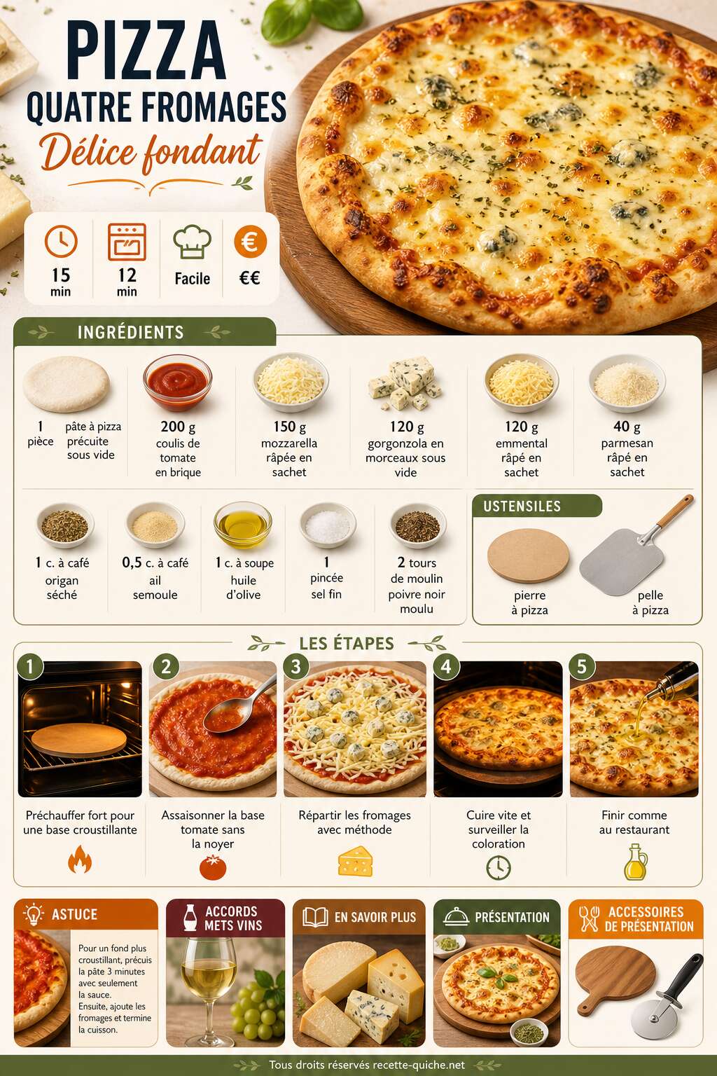 Fiche recette Recette pizza quatre fromages : délice fondant Fiche recette Recette pizza quatre fromages : délice fondant