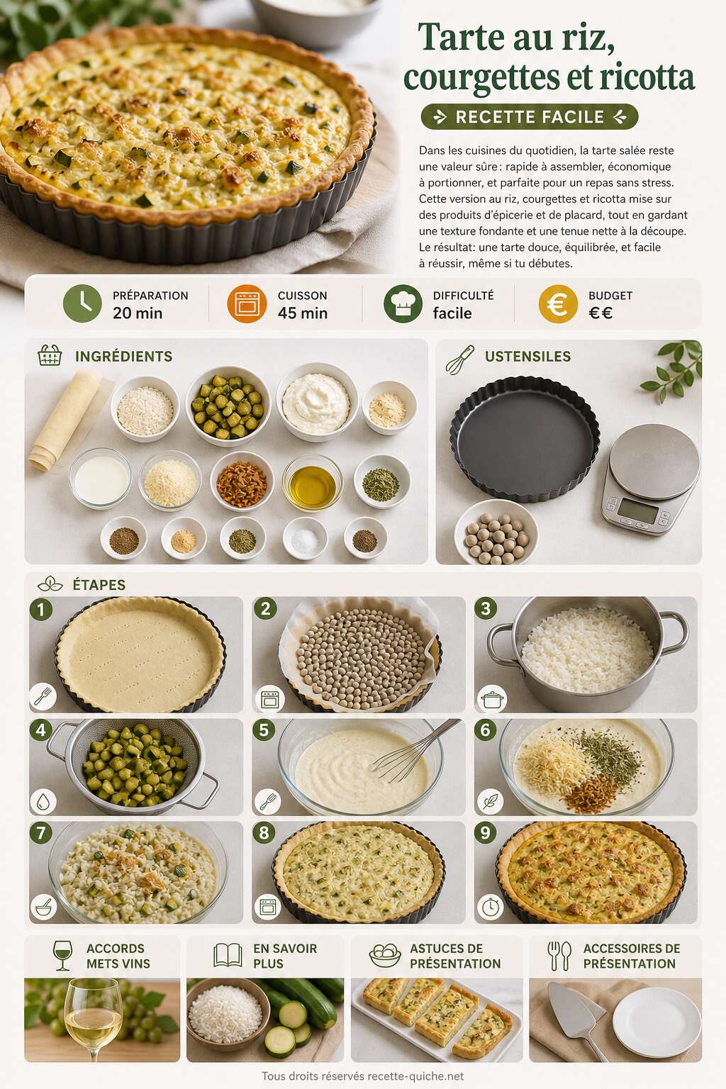 Fiche recette Tarte au riz, courgettes et ricotta : recette facile Fiche recette Tarte au riz, courgettes et ricotta : recette facile