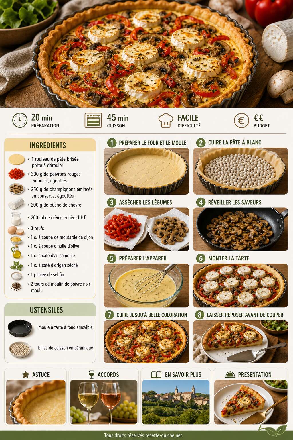 Fiche recette Tarte aux poivrons, chèvre et champignons : recette gourmande Fiche recette Tarte aux poivrons, chèvre et champignons : recette gourmande