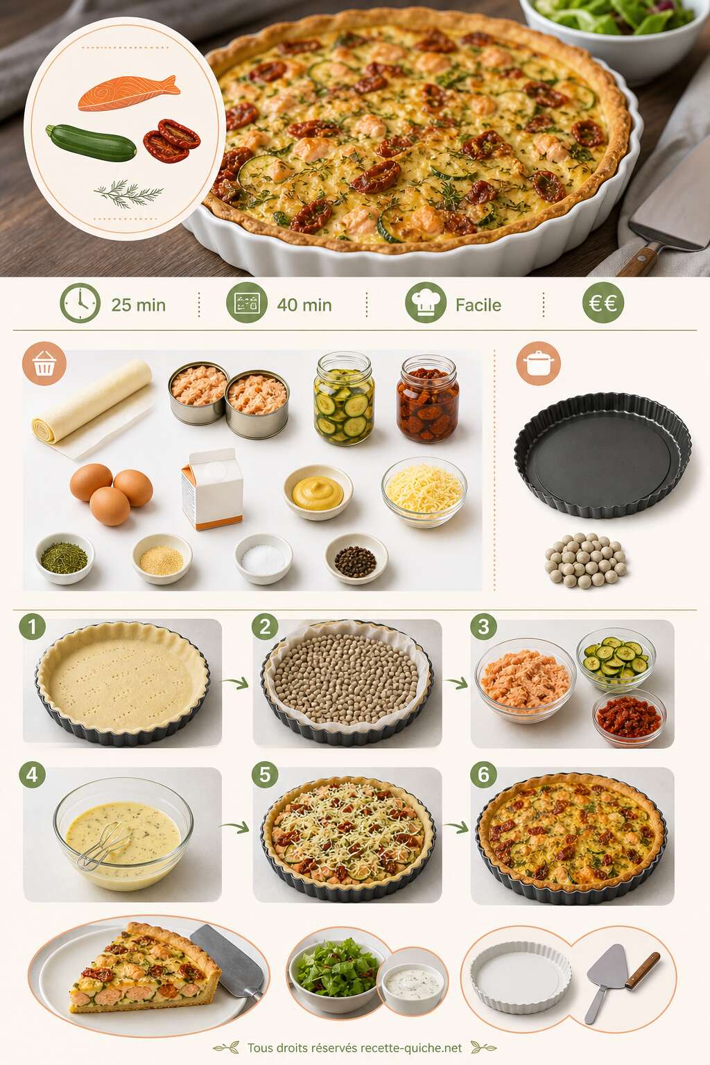 Fiche recette Tarte au saumon, courgettes et tomates : recette gourmande Fiche recette Tarte au saumon, courgettes et tomates : recette gourmande