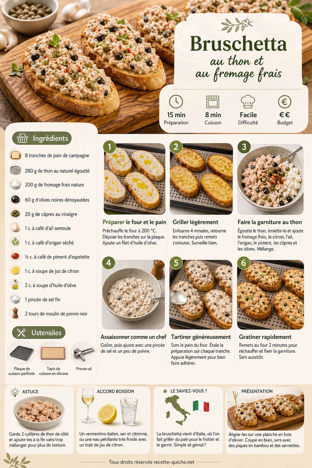 Fiche recette Bruschetta au thon et au fromage frais : recette savoureuse Fiche recette Bruschetta au thon et au fromage frais : recette savoureuse
