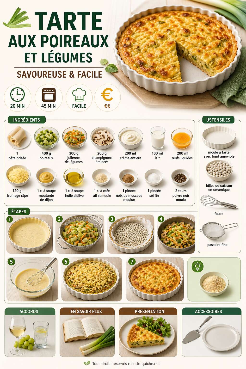 Fiche recette Tarte aux poireaux et légumes : recette savoureuse et facile Fiche recette Tarte aux poireaux et légumes : recette savoureuse et facile